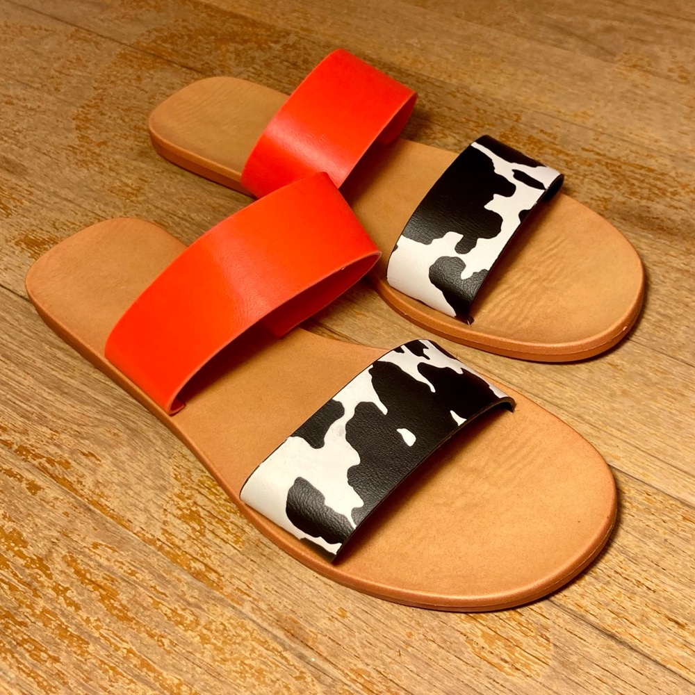 Bamboo Orange and Cow Print Double Strap Sandals